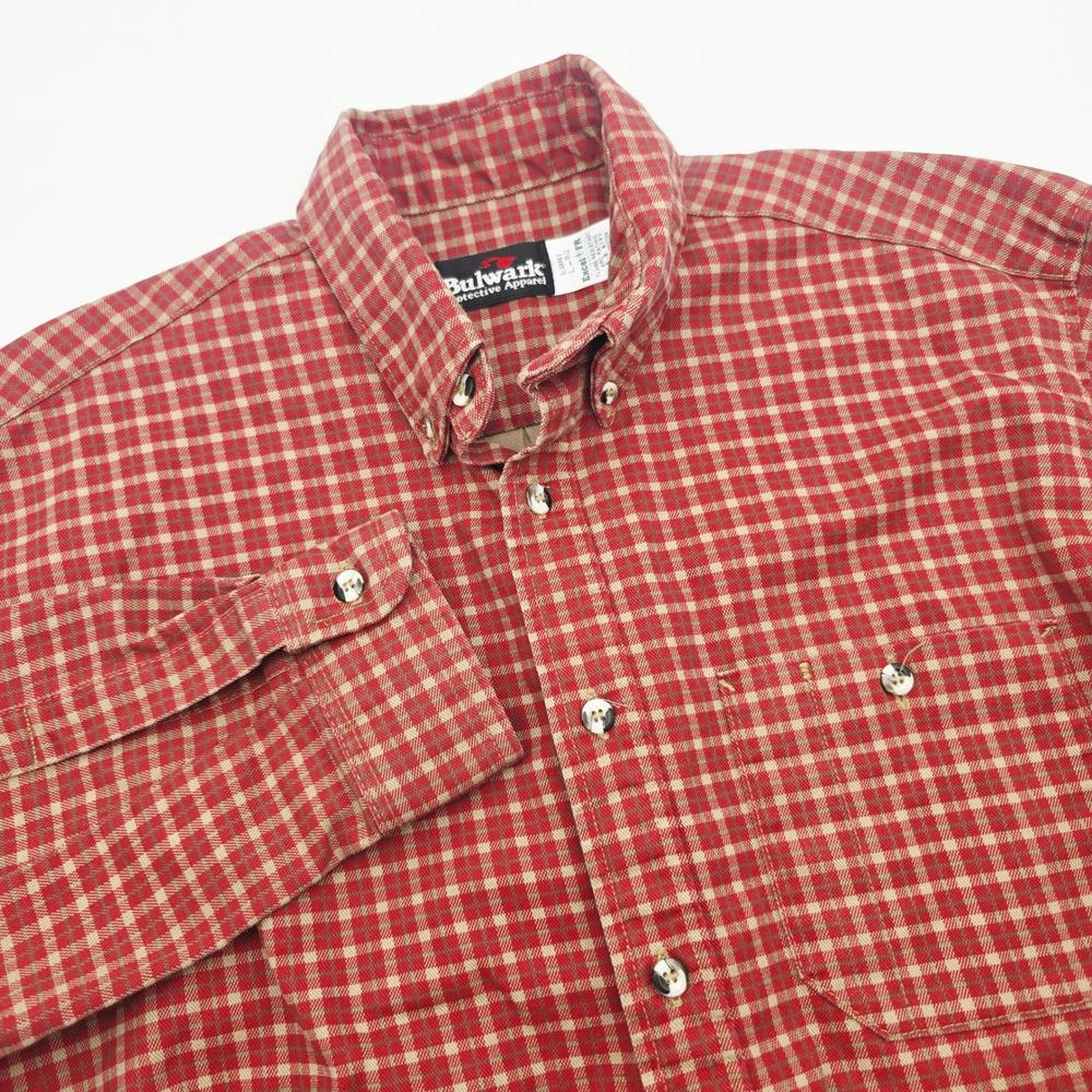 Bulwark FR Mens Large Excel Flame Resistant Plaid Work Shirt Red Tan Long Sleeve